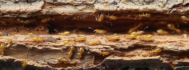 a close-up view of termites crawling on damaged wood, with visible frass (termite droppings) and wood grain texture, set against a subtle indoor wall background. Lighting should be natural and slightly dramatic to highlight the damage.