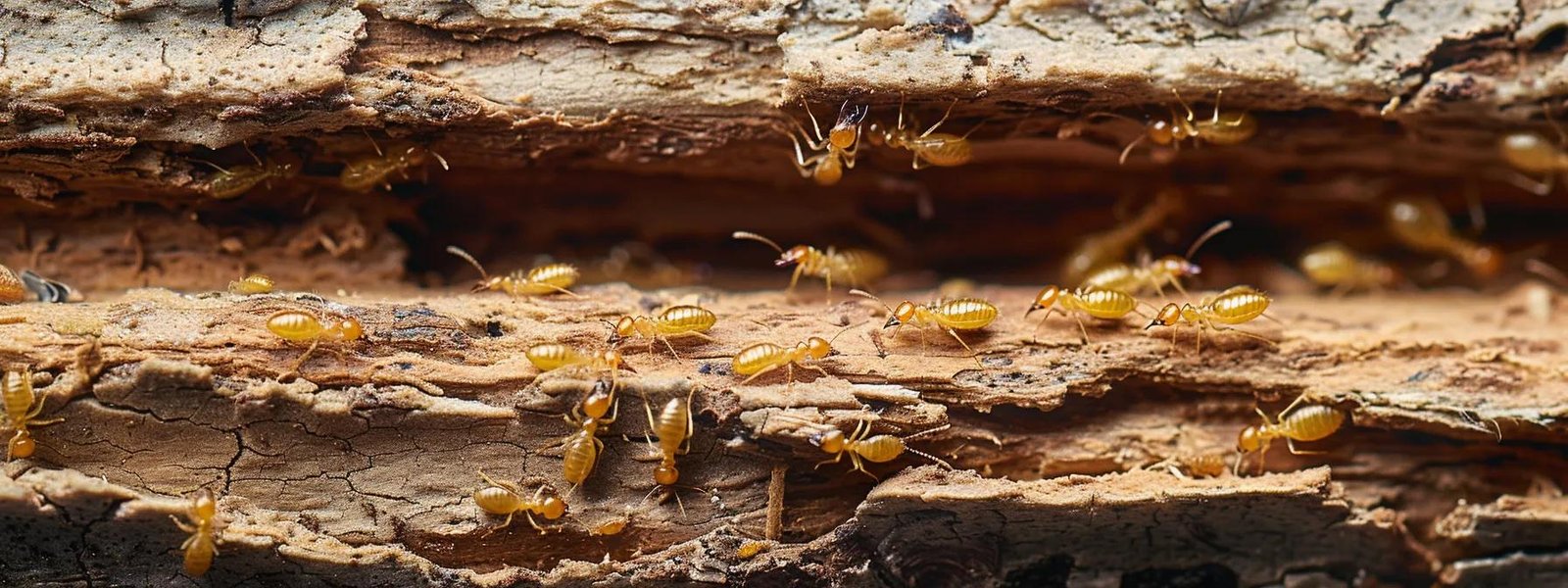 a close-up view of termites crawling on damaged wood, with visible frass (termite droppings) and wood grain texture, set against a subtle indoor wall background. Lighting should be natural and slightly dramatic to highlight the damage.