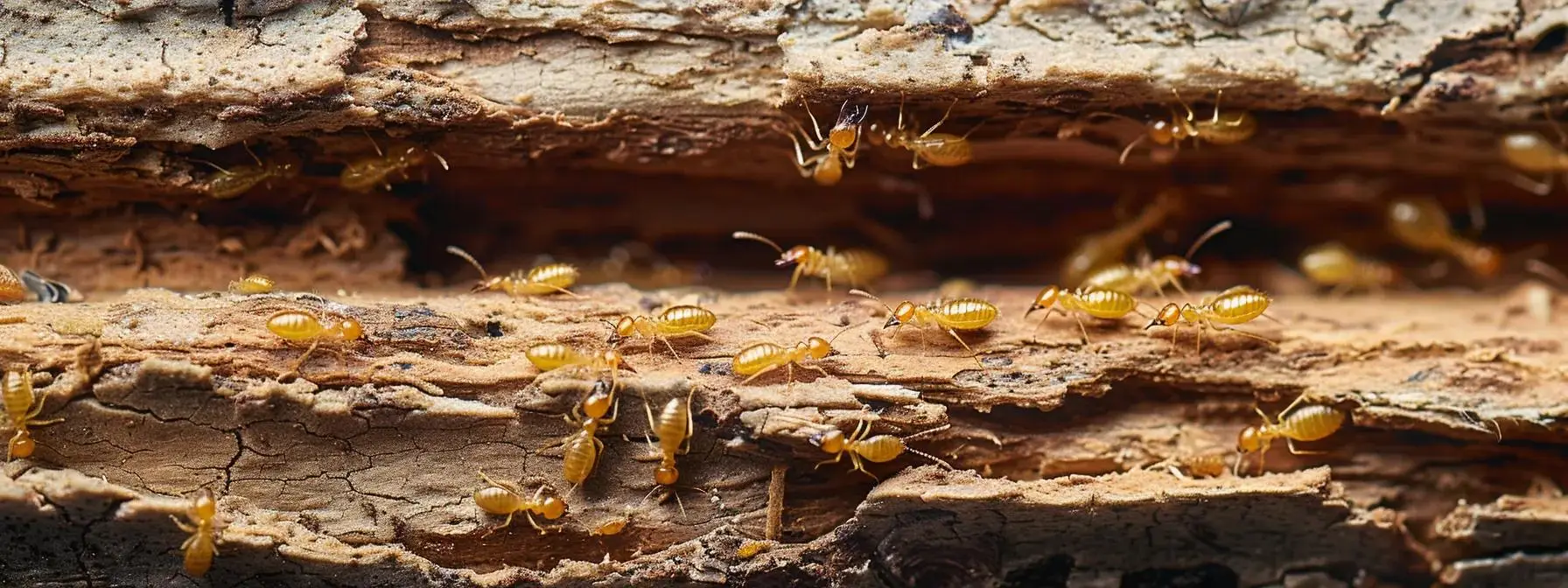 Termites crawling on termite-damaged wood, highlighting the threat of structural damage to homes in Palm Beach County.