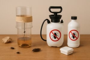 Pest control equipment including spray bottles with no pest symbols, a homemade trap, and dead insects, illustrating DIY pest management methods relevant to Bugsy's Pest Solutions blog on pest control tips.