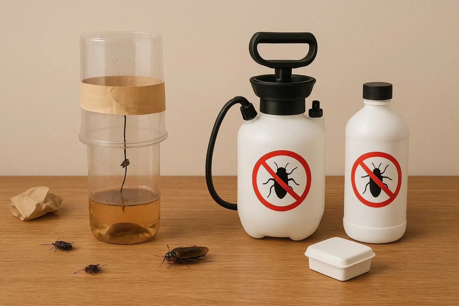 DIY pest control products and traps on a wooden surface, featuring a spray bottle and container with no-pest symbols, alongside real cockroaches, illustrating the contrast between DIY and professional pest management solutions.