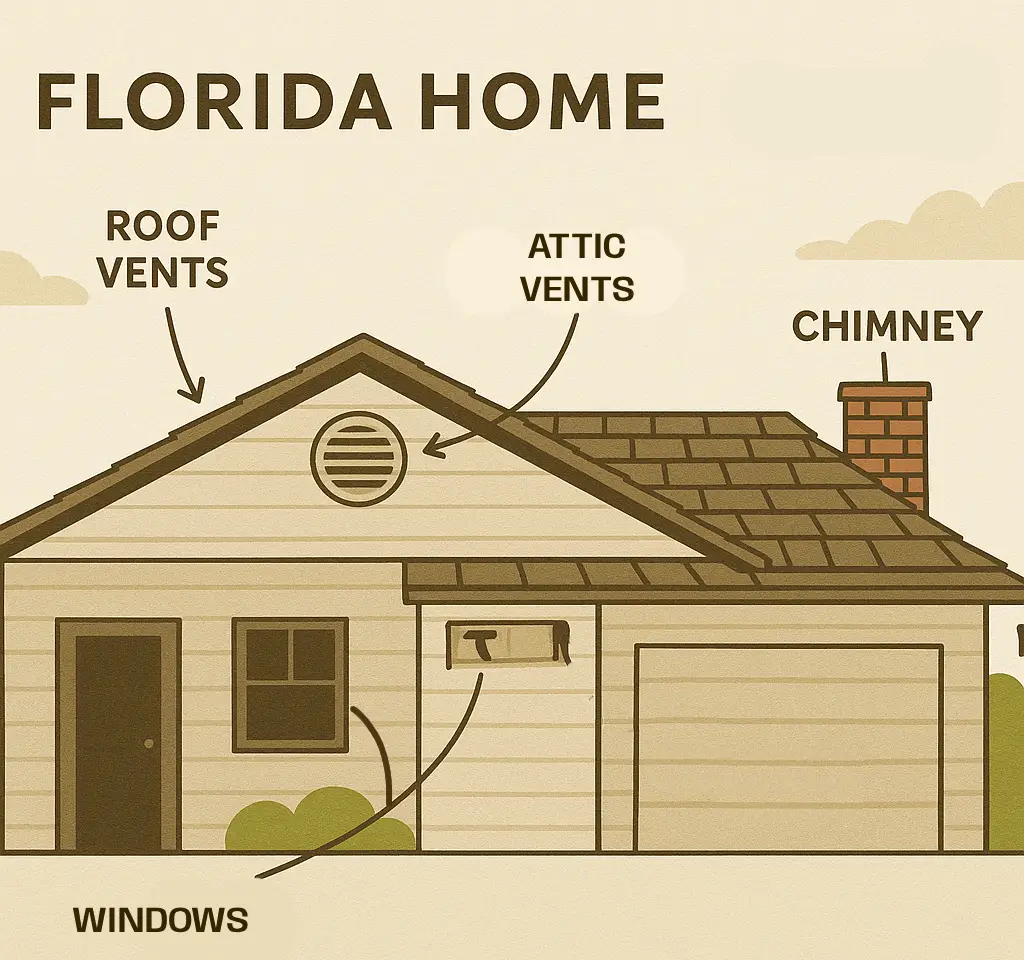 Illustration of a Florida home highlighting potential bat entry points, including roof vents, attic vents, chimney, and windows, relevant to bat control and prevention strategies in South Florida.