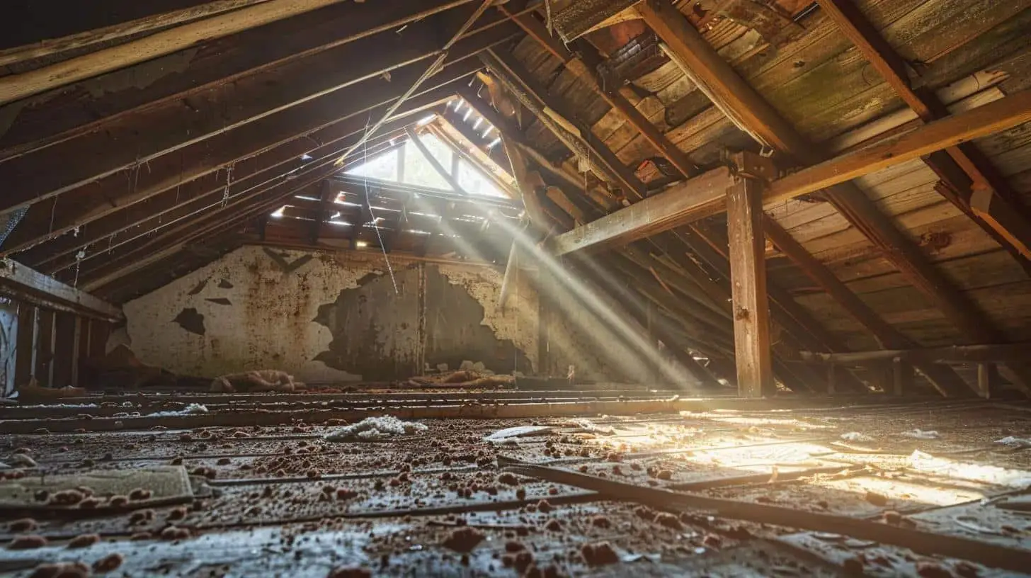 Attic interior with sunlight streaming through gaps, showing signs of neglect and potential bat infestation risks in South Florida homes.