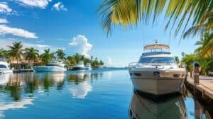 Boat docked at a marina in South Florida, surrounded by palm trees and clear blue water, emphasizing the region's boating lifestyle and pest management concerns.