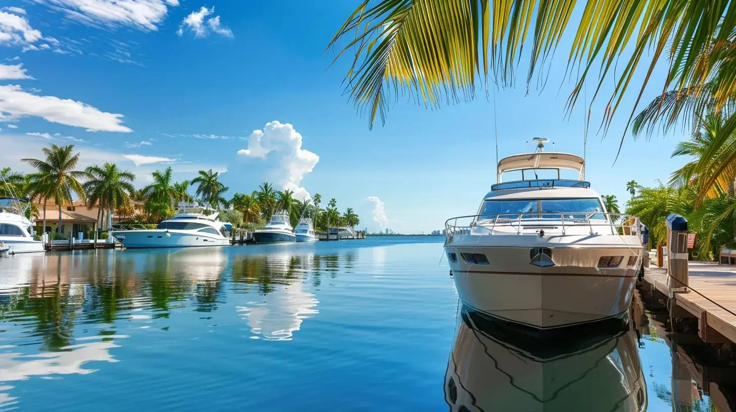 Luxury yacht docked in a serene marina surrounded by palm trees and clear blue skies, reflecting in calm waters, emphasizing the boating lifestyle in South Florida.