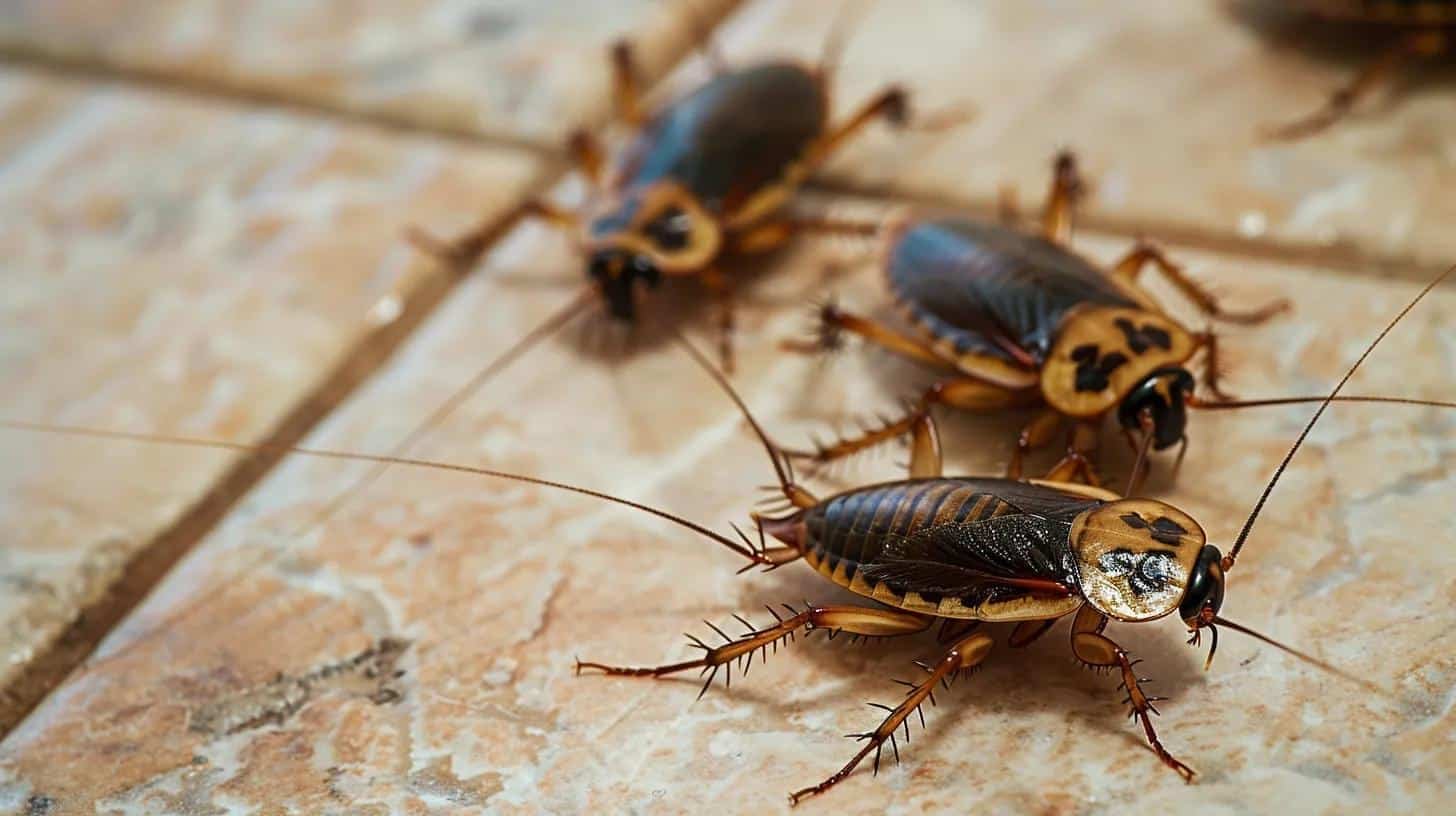 Cockroaches on tiled floor, highlighting pest presence in new construction homes, relevant to pest control strategies in South Florida.