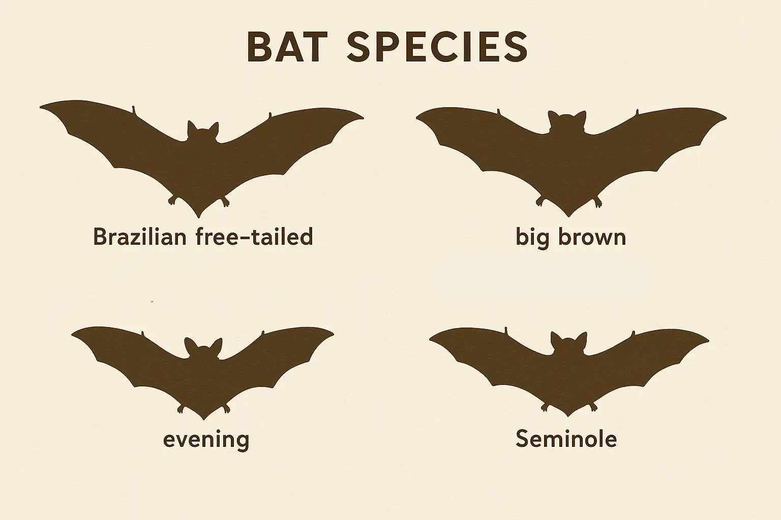 Bat species comparison chart featuring Brazilian Free-Tailed Bat, Big Brown Bat, Evening Bat, and Seminole Bat, illustrating their distinct silhouettes for identification in Florida homes.