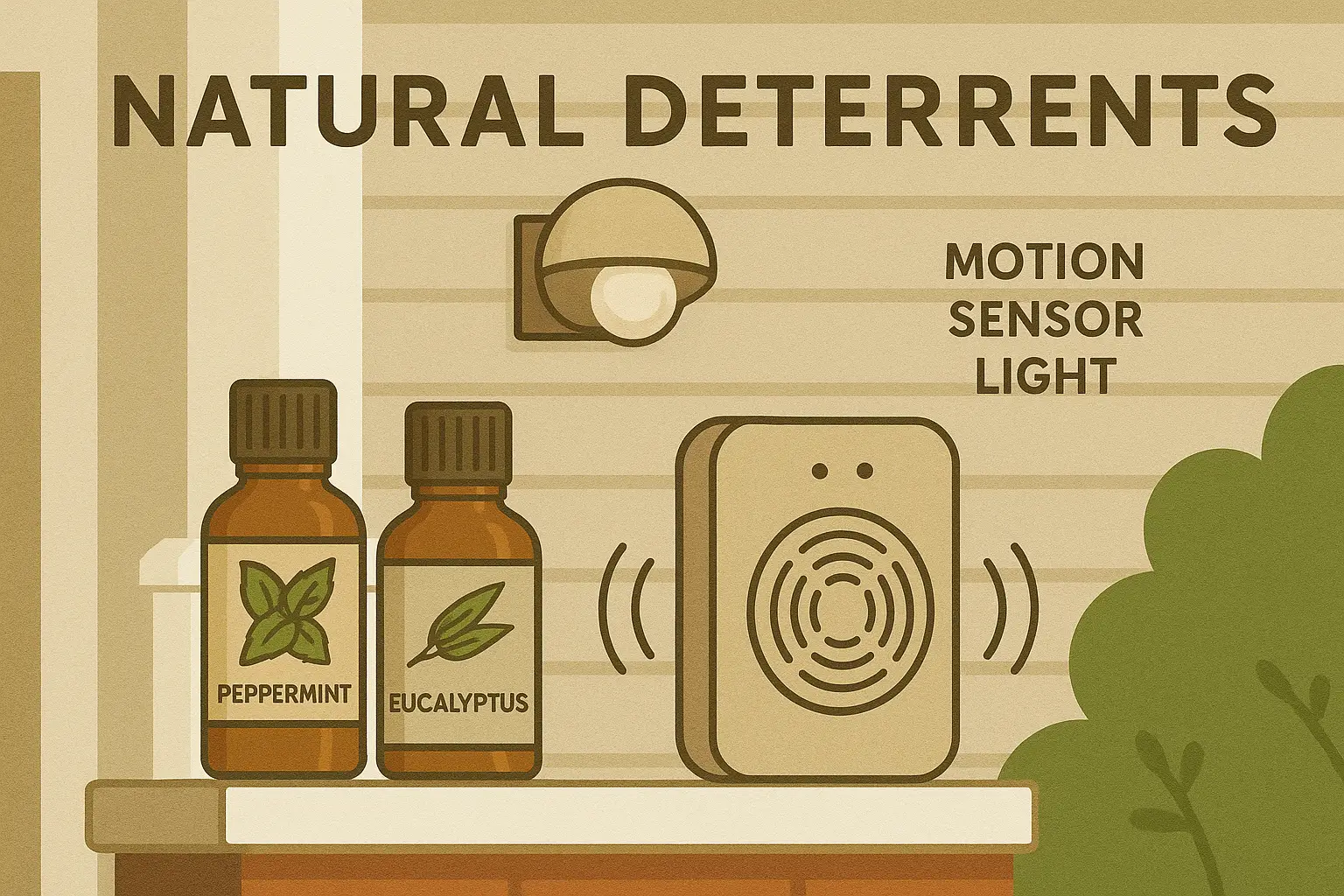 Natural bat deterrents including peppermint and eucalyptus essential oils, motion sensor light, and ultrasonic repellent, emphasizing effective methods for bat control in Florida.