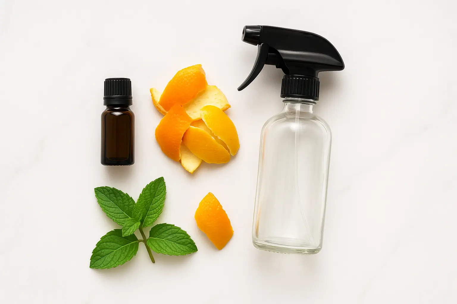 eppermint oil and citrus peels in a spray bottle arrangement
