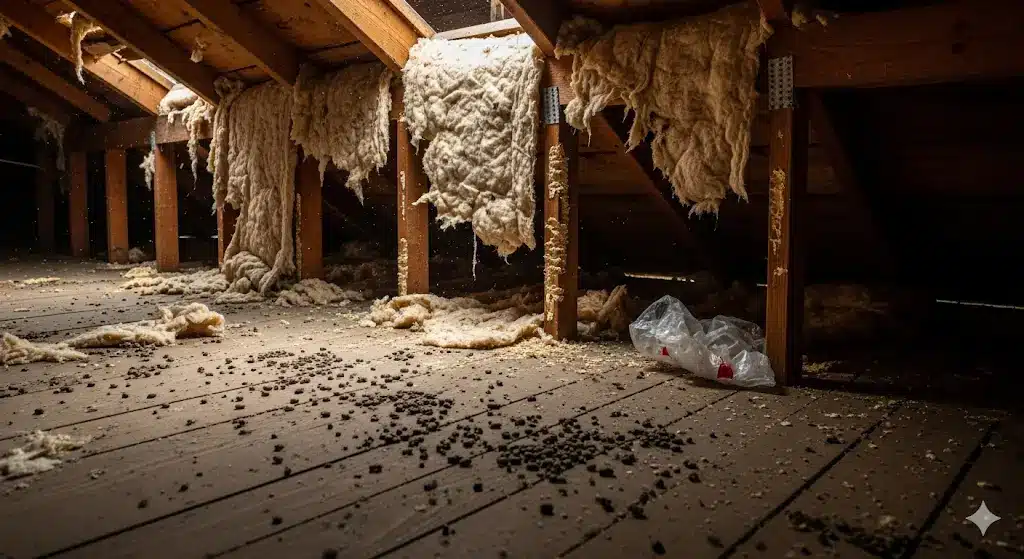 Rodent damage in attic insulation