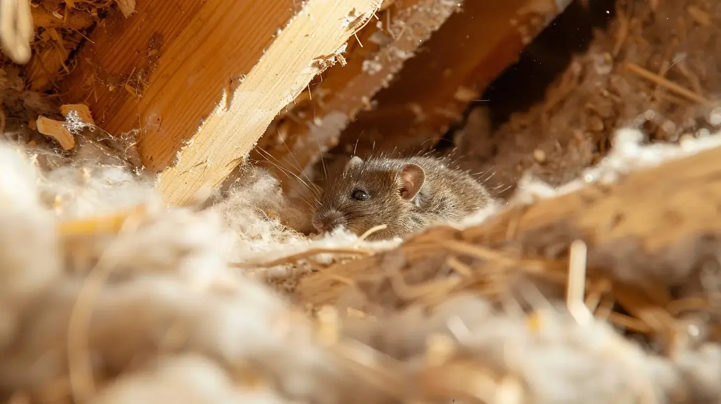 Rodent nest in attic insulation with a roof rat partially visible, highlighting potential pest damage and health risks in South Florida homes.