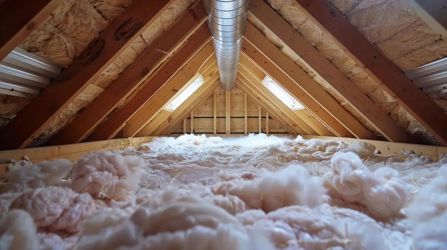 Attic space with insulation material, showcasing ventilation enhancements and clean environment for effective pest prevention and air quality improvement.