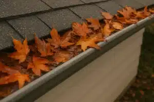 Clogged gutters filled with orange autumn leaves, highlighting potential mosquito breeding grounds in South Florida homes.