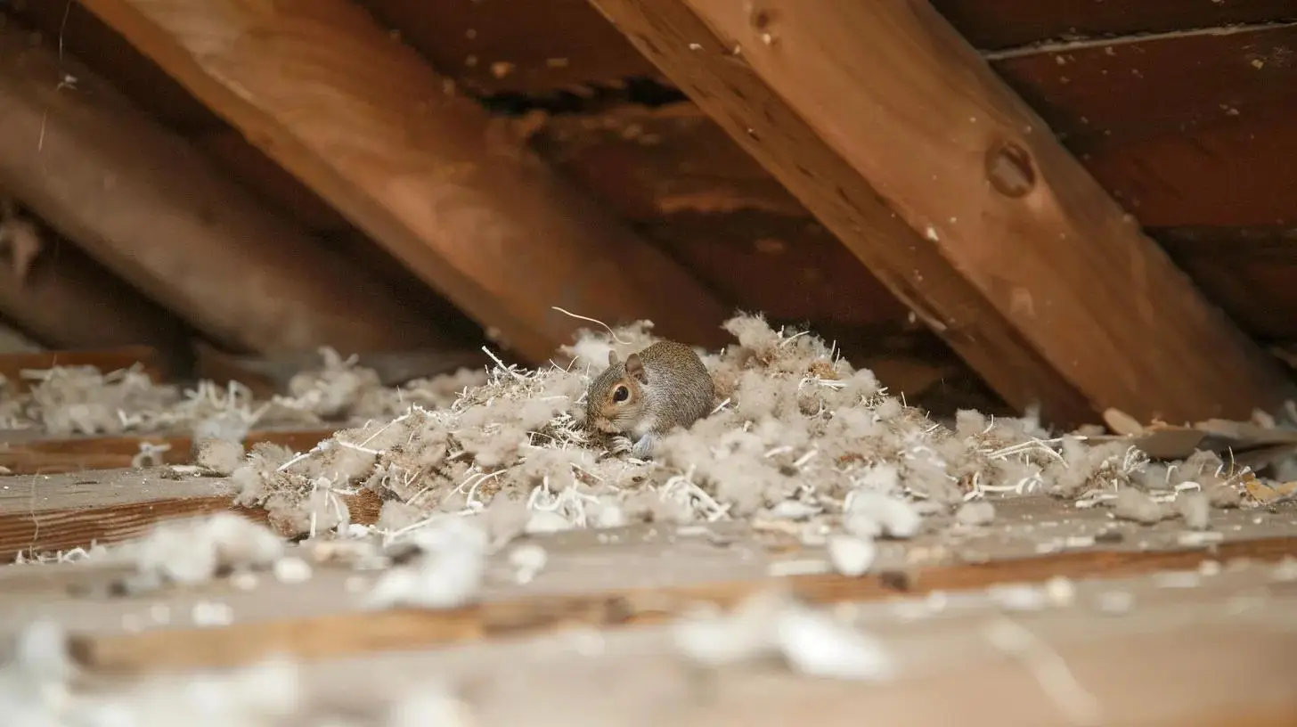 Squirrel on contaminated insulation in attic, highlighting pest damage and health hazards related to insulation compromise.