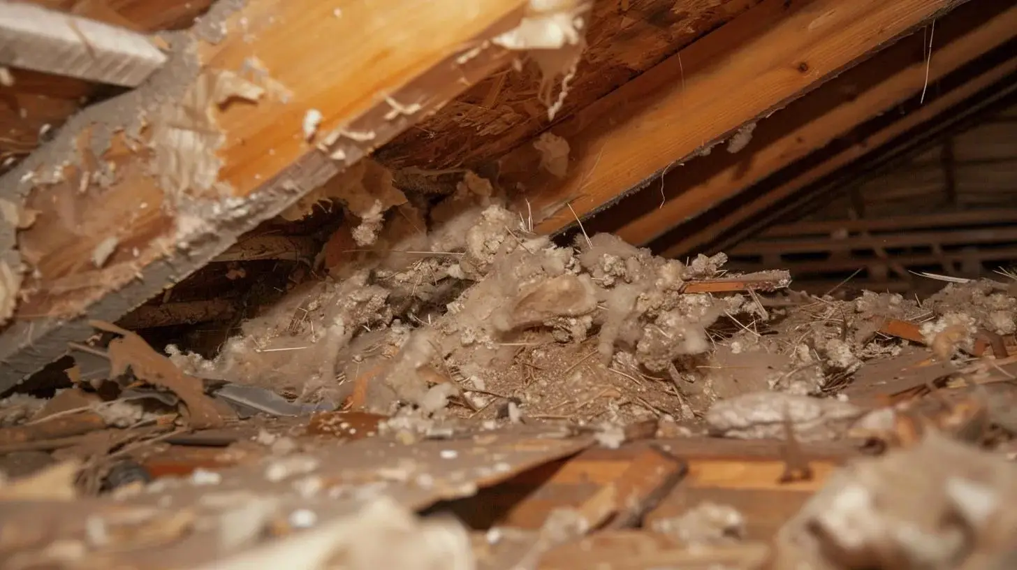 Compromised attic insulation with debris and potential pest nesting materials, highlighting the importance of insulation assessment for pest prevention and energy efficiency.
