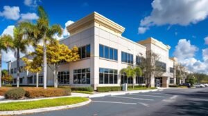 Commercial building in South Florida, featuring modern architecture, palm trees, and clear blue skies, relevant to pest control services for local businesses.