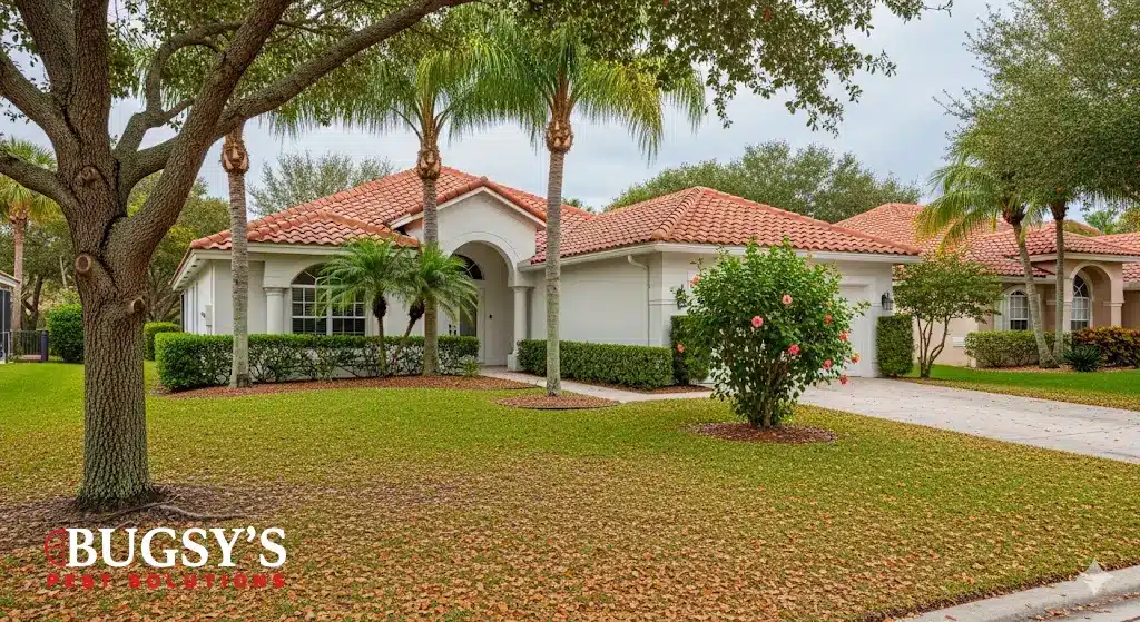 South Florida home surrounded by trees and fallen leaves