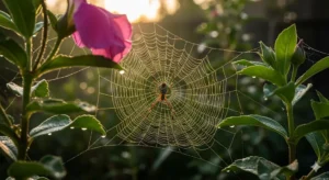 Golden orb weaver spider in a dew-covered web, surrounded by pink flowers in a garden setting, illustrating local pest presence in South Florida.