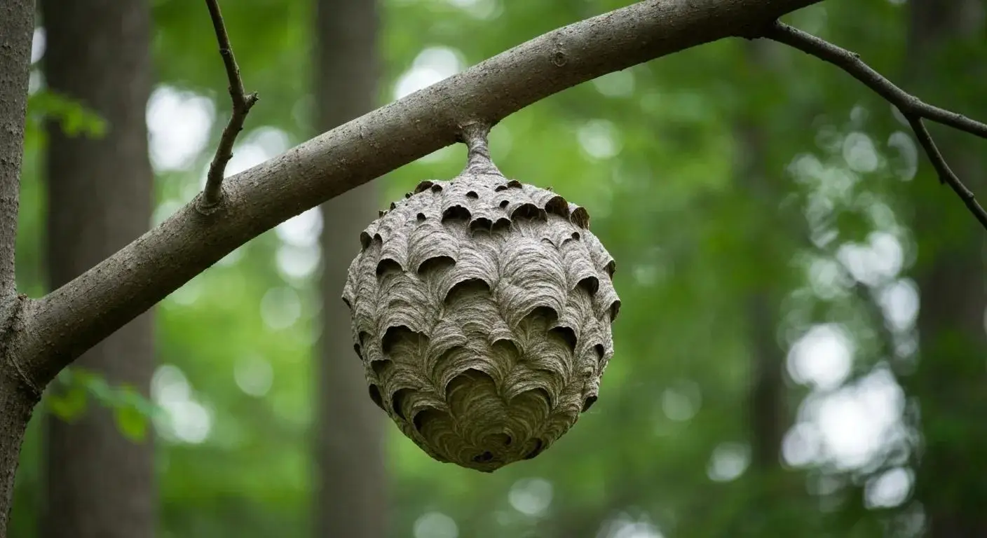 Hornet nest hanging from a tree branch, showcasing its large, textured structure, surrounded by green foliage, emphasizing the importance of professional pest control for safe removal.