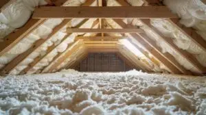 Attic interior with newly installed insulation, showcasing insulation material covering the floor and beams, emphasizing the need for insulation replacement in South Florida homes.