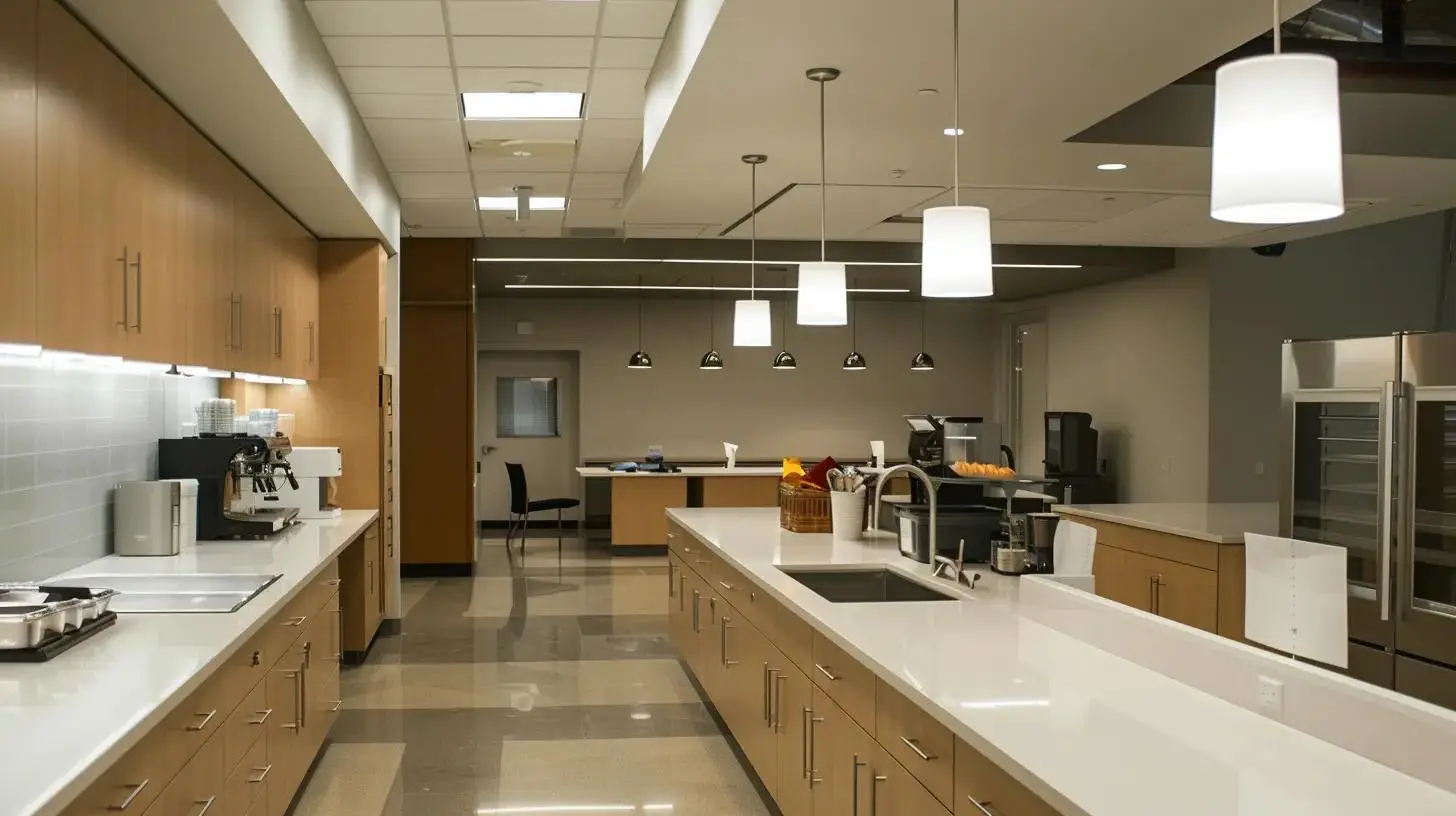 Modern office breakroom with stainless steel appliances, coffee machines, and organized food storage, emphasizing cleanliness and pest management importance during fall months.