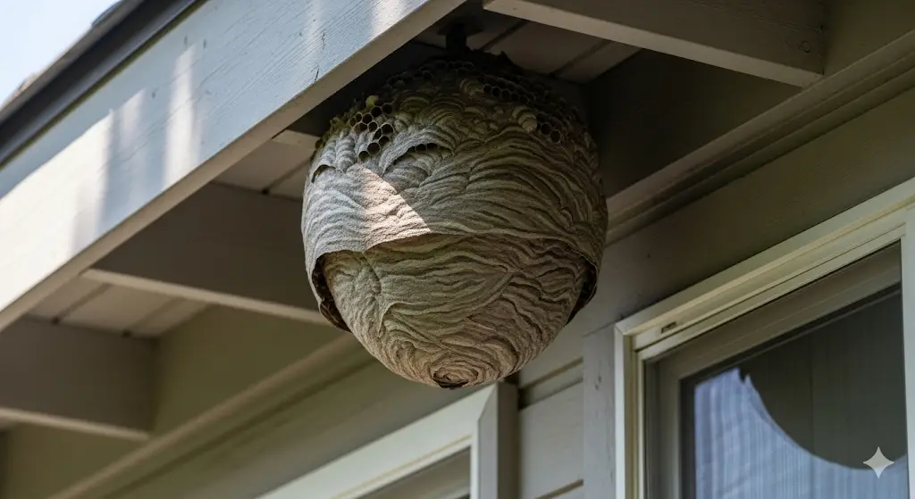 Paper wasp nest under home eaves