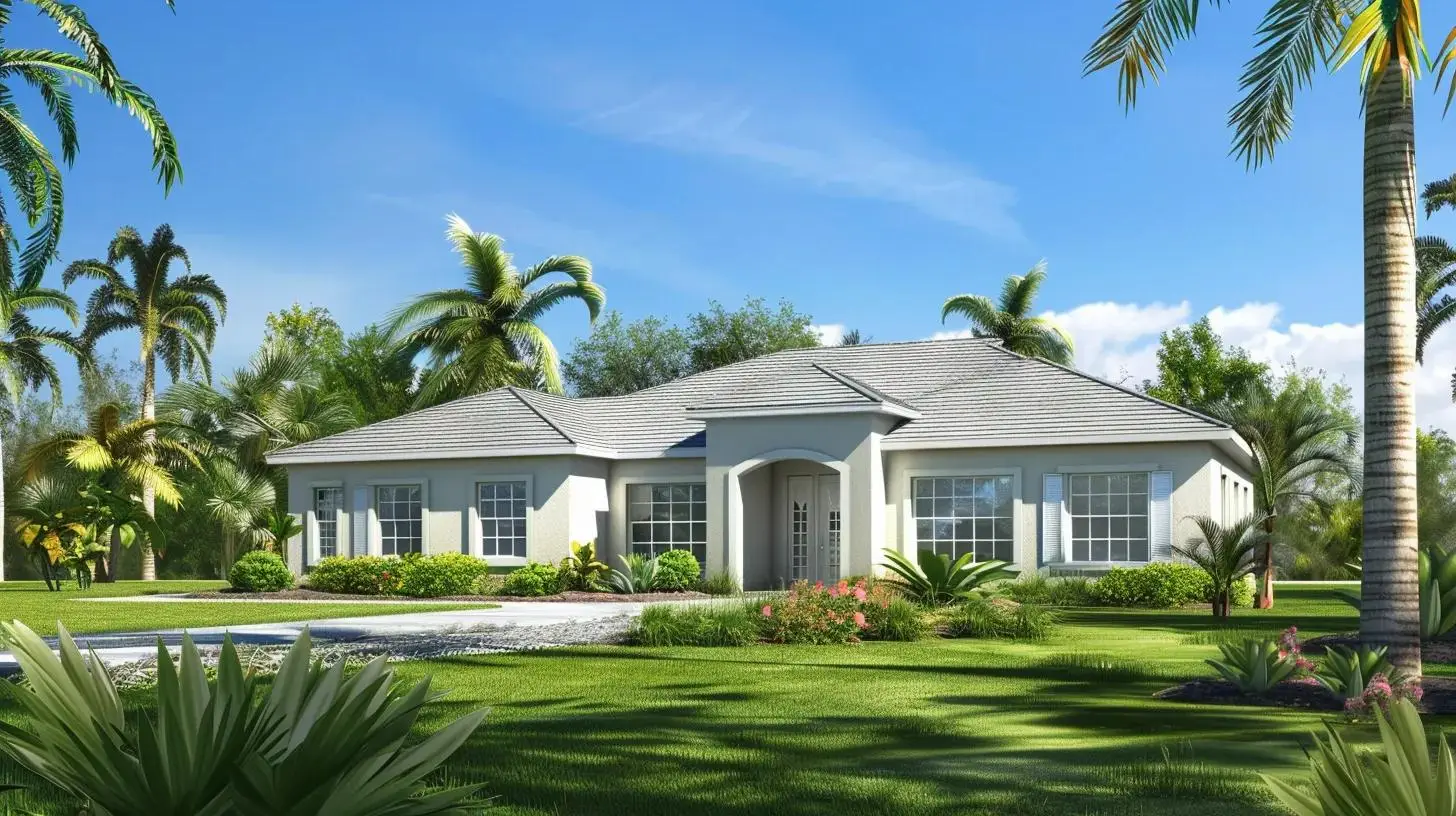 Modern home surrounded by lush greenery and palm trees in South Florida, highlighting potential rodent entry points for fall pest control.