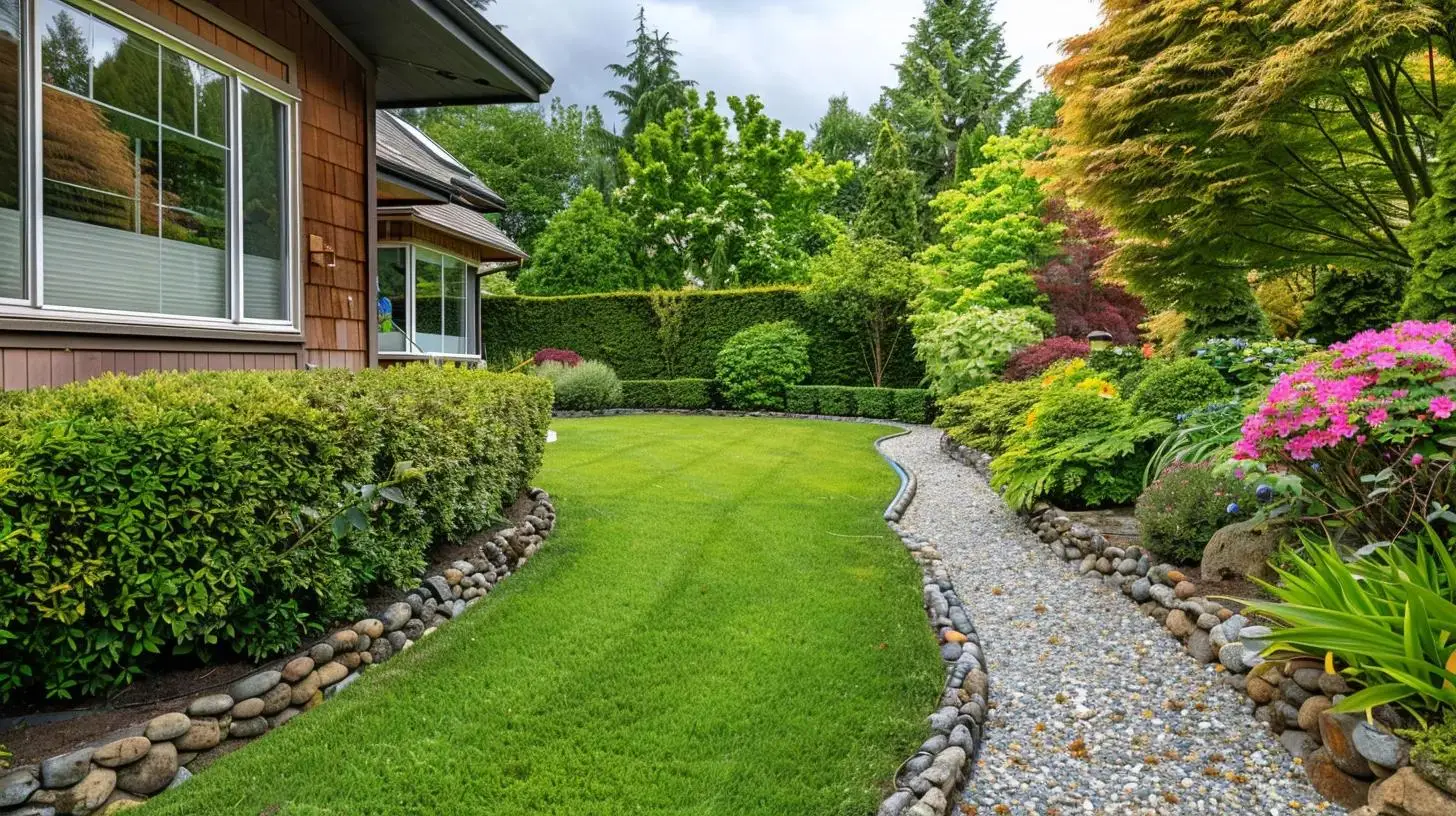 Lush landscaped garden with trimmed bushes and colorful flowers, featuring a clear path of gravel and stone, illustrating effective rodent-proof landscaping strategies.