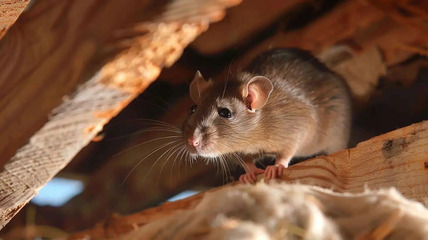 Roof rat exploring wooden beams in an attic, highlighting common rodent behavior during fall invasions in South Florida homes.