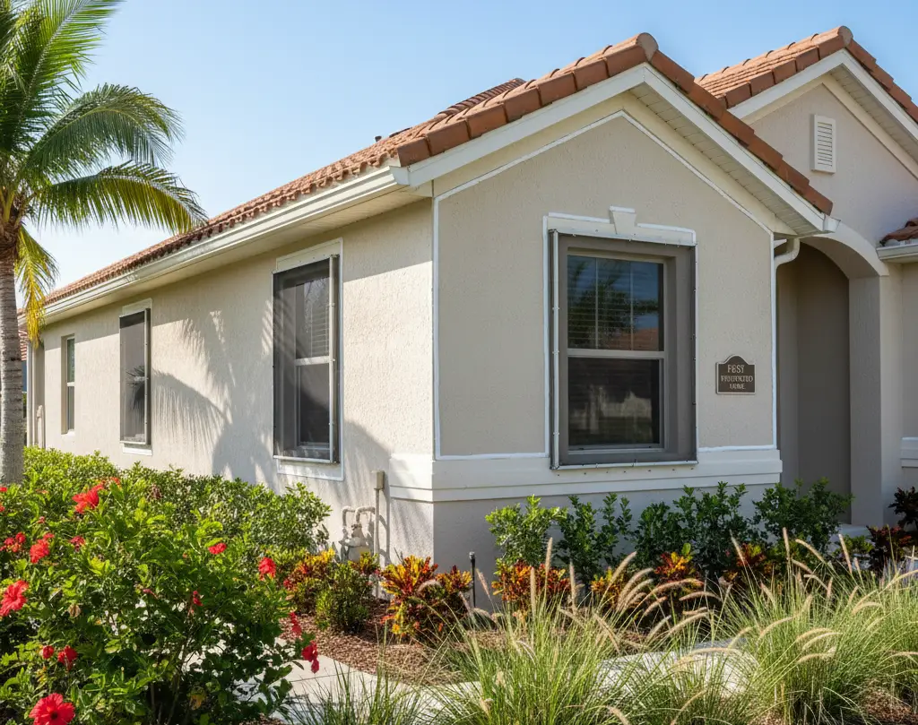 A realistic photo of a Florida home exterior with sealed vents and caulked gaps to prevent insect nests