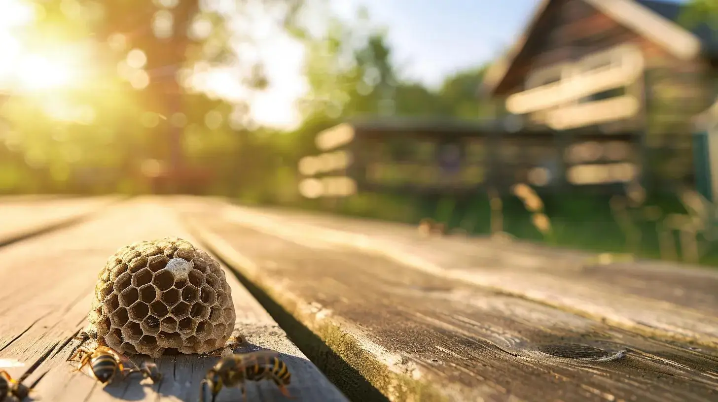 Wasp nest on wooden porch with wasps nearby, highlighting fall pest control concerns for homeowners in South Florida.