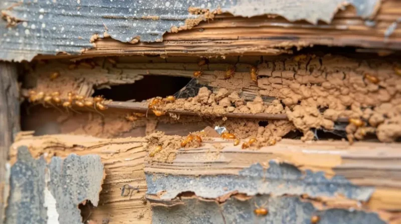 Close-up of termite damage in wood, showing hollowed areas, mud tubes, and several termites, indicating active infestation and structural deterioration.