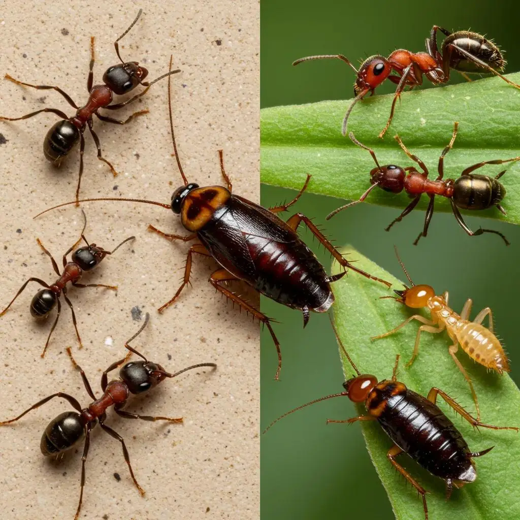 Close-up of common pests in Boca Raton, including various ant species, cockroaches, and termites, highlighting their natural environments and potential risks to homes and health.