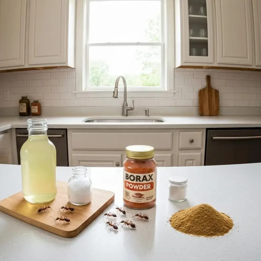 Bottles of vinegar and Borax powder on kitchen counter with visible ants, illustrating DIY ant control remedies for homeowners.
