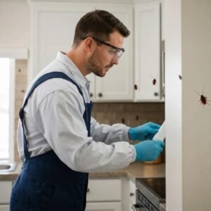 Exterminator wearing gloves and safety glasses checking kitchen surfaces with visible cockroach activity.