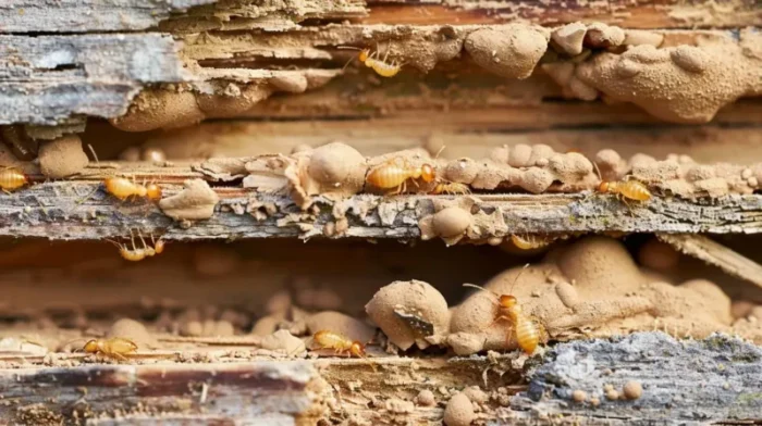 Close-up of termite damage in wooden beams, showing termites and frass, highlighting early signs of infestation relevant for South Florida homeowners.