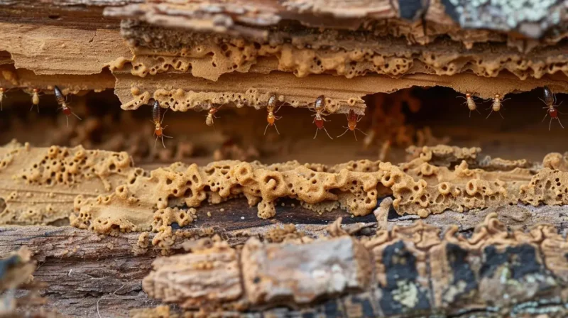 Close-up of wood with visible termite damage, showcasing hollowed galleries and active termites feeding, indicating potential infestation and the need for inspection.
