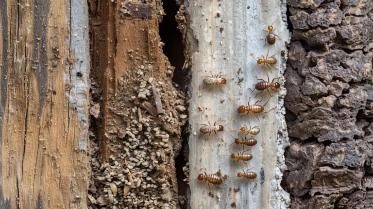 “Close-up view of termites crawling on damaged wood, showing severe infestation with frass, tunnels, and decayed wood textures.