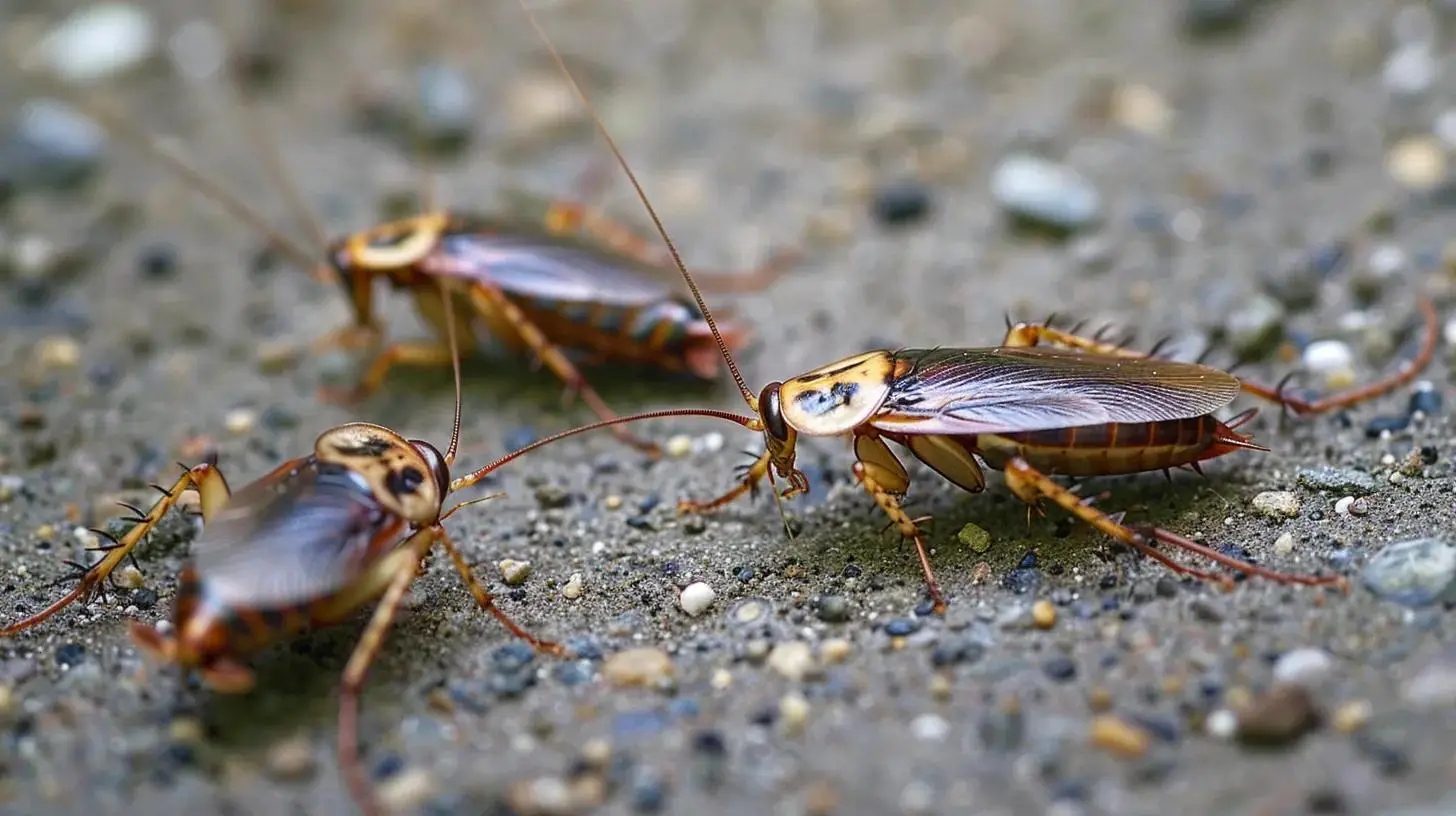 German and American cockroaches on a textured surface, illustrating common pest problems in South Florida homes.
