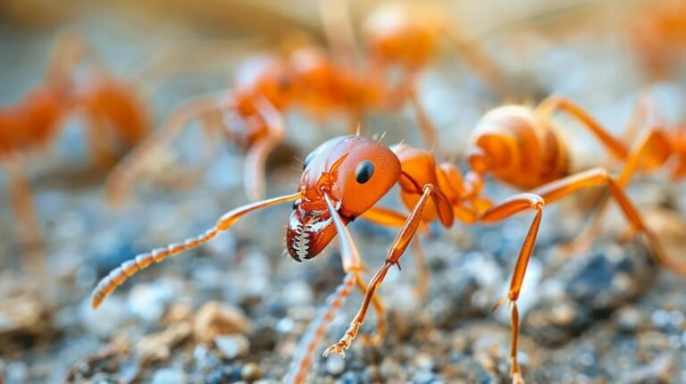 close up view of a fire ant with fire ants on the background