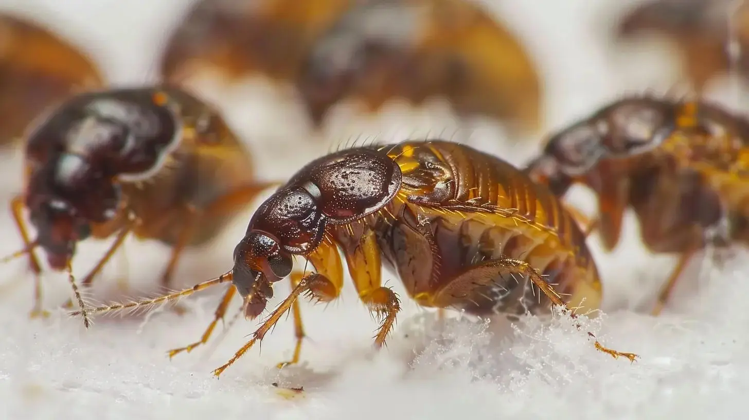 Close-up of fleas on a white surface, highlighting their detailed anatomy, relevant to winter flea control in Boca Raton homes.