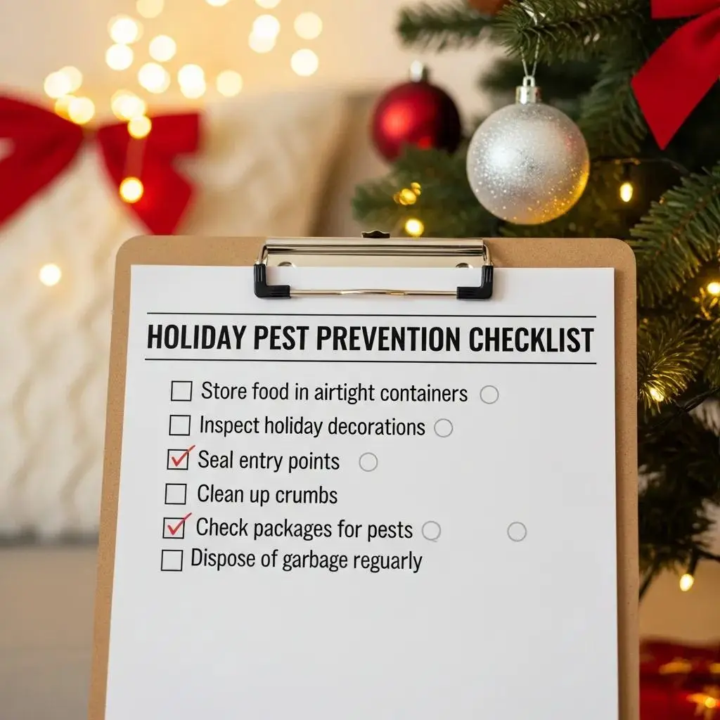 Holiday pest prevention checklist on clipboard with checked items, including "Seal entry points" and "Check packages for pests," set against a festive background of a decorated Christmas tree and warm lights, emphasizing winter pest control strategies.