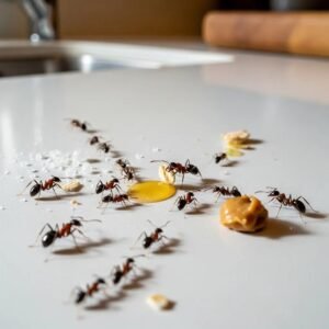 Close-up of ants on a kitchen counter &mdash; common signs and nearby food sources