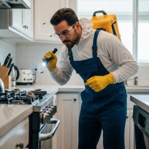 Pest technician inspecting a South Florida kitchen for cockroaches