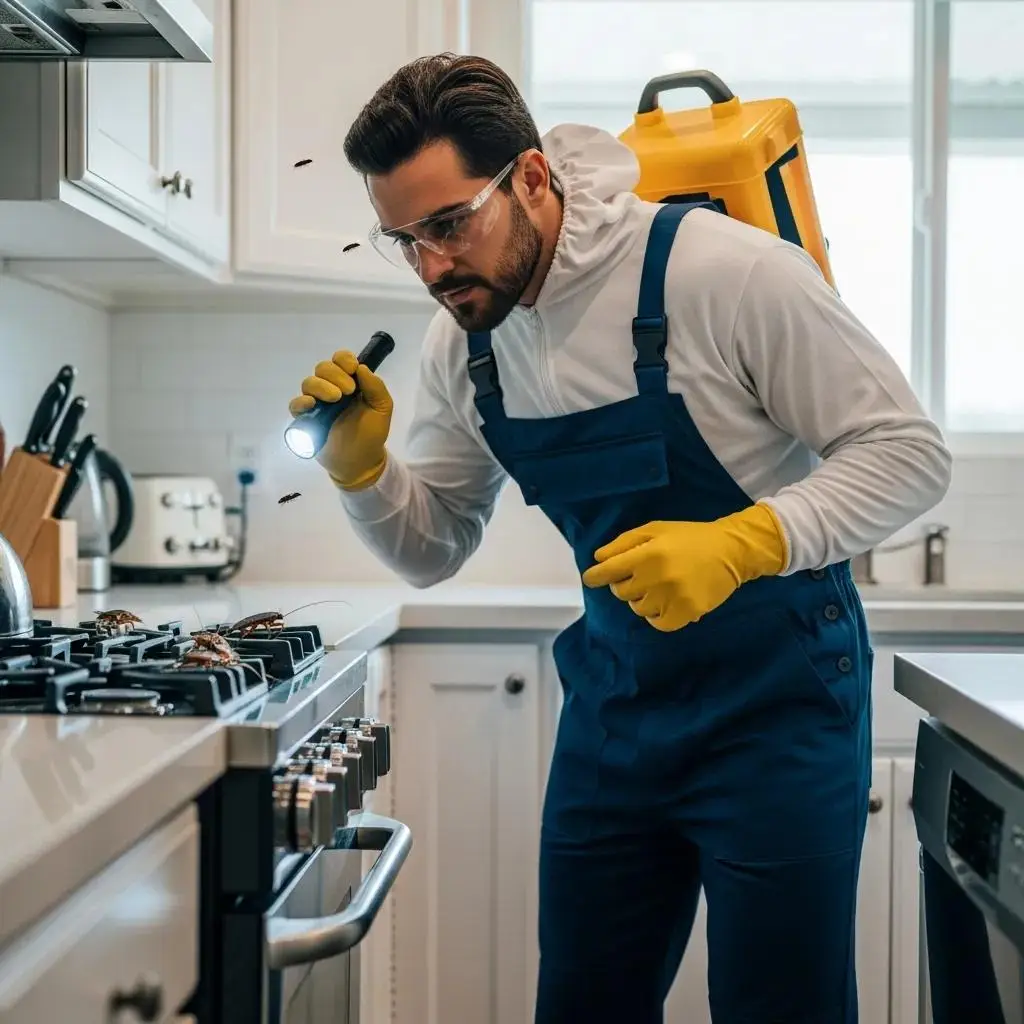 Professional pest control technician inspecting for cockroaches in a South Florida kitchen, using a flashlight to identify signs of infestation.