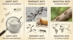 Collage of ghost ants, pavement ants, and Argentine ants with identification details and images, relevant to pest control strategies in South Florida.