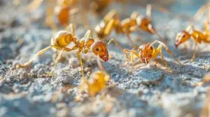 Close-up of ghost ants on a surface, highlighting their distinctive yellowish-brown color and small size, relevant to pest management in South Florida.