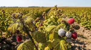Pest-infested berry farm with damaged plants and ripe raspberries, highlighting pest control challenges in South Florida agriculture.
