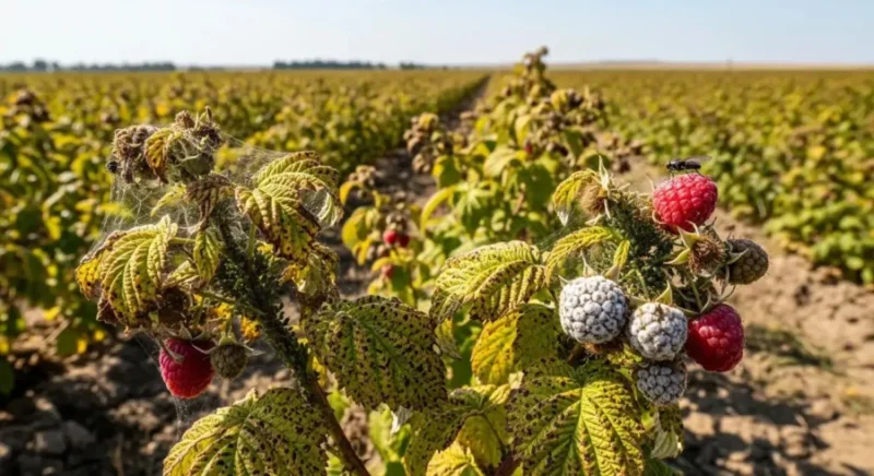 Pest-infested raspberry plants with visible damage and fruit in a berry farm setting, highlighting the impact of pests on crop health.