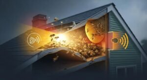 Beehive inside a house roof with bees and sound wave graphics, illustrating signs of bee infestations relevant to pest control in South Florida.